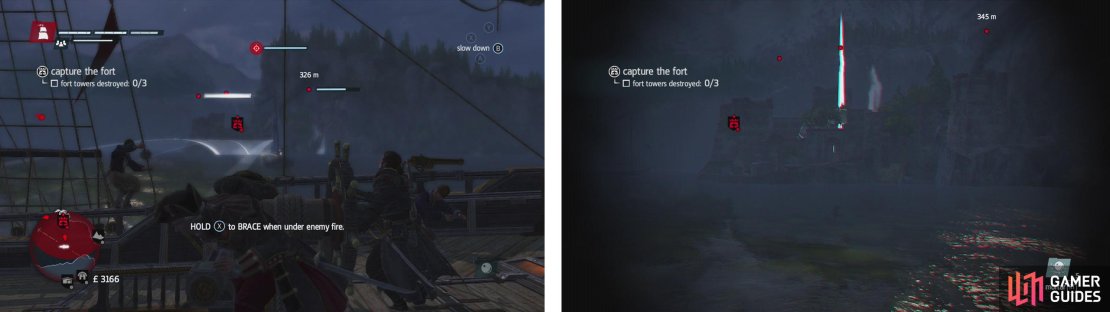 When you attack the fort (left) remember to brace if you can&rsquo;t avoid an attack and use mortars from a distance (right) to great effect.