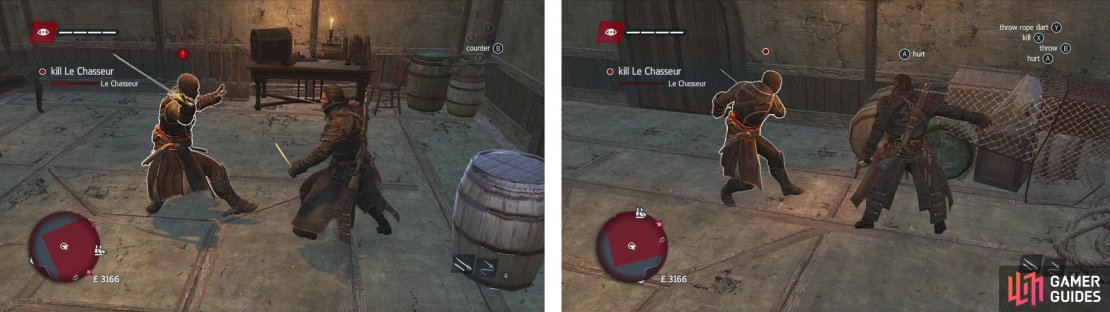 Counter the target in front of barrels in the room (left). When the &lsquo;Hurt&rsquo; pop-up appears, hit the button prompt to damage him (right).