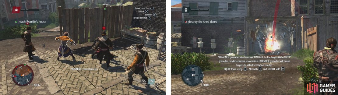 Fight your way to your friends place (left) and then you&rsquo;ll get to play with your new friend - the grenade launcher (right).