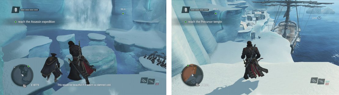 Follow Haytham (left) until you reach an overlook (right) - use the ship&rsquo;s masts to go through the area quickly and quietly.