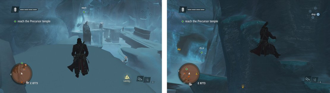 When you reach the indoor areas (left) use the ledges along the sides of the room (right) to avoid a fight.