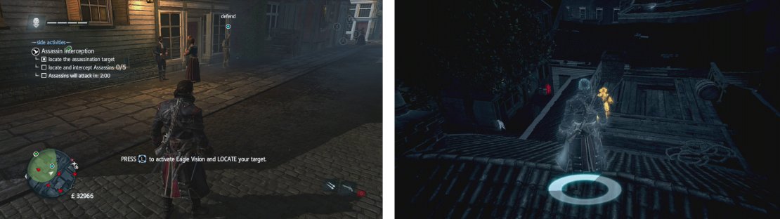 The target can be found along the main street (left). Two assassins are on the rooftops directly behind him (right).