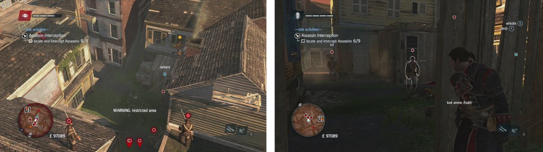 Once you reach the search area you&rsquo;ll be attacked (left). Once you kill all the ground based enemies, hide inside (right) to draw the snipers down.