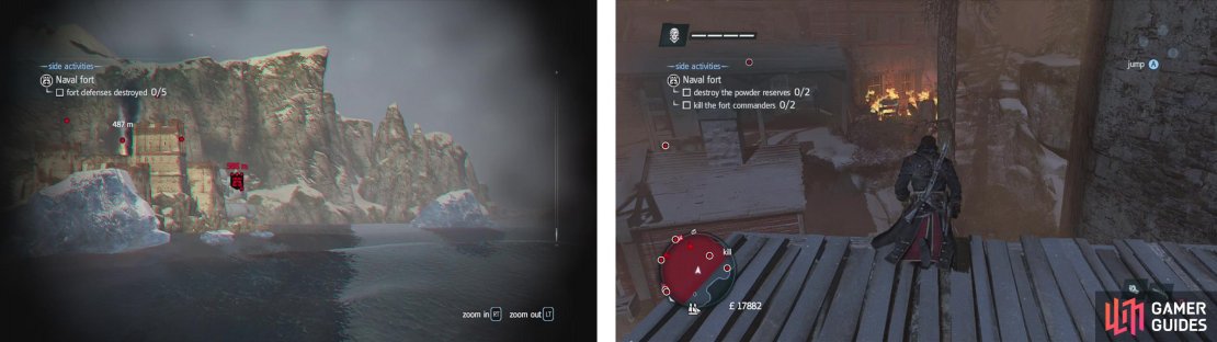 Forts are found along the game&rsquo;s coastlines (left). Destroying their defences allows you to enter on foot and complete objectives to take it over (right).