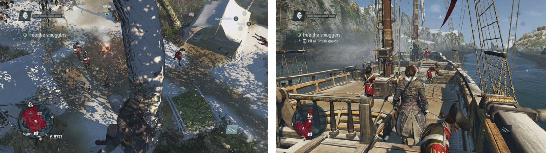 Clear out the guards in the camp (left) and then work your way across the ship&rsquo;s deck, killing all the guards (right).