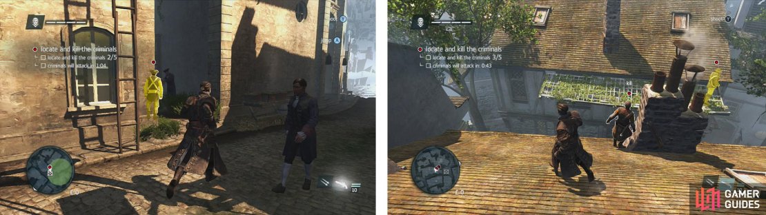 The third target is in an alley (left). The fourth and fifth baddies can be found on the rooftop opposite the square from our friend&rsquo;s house (right).