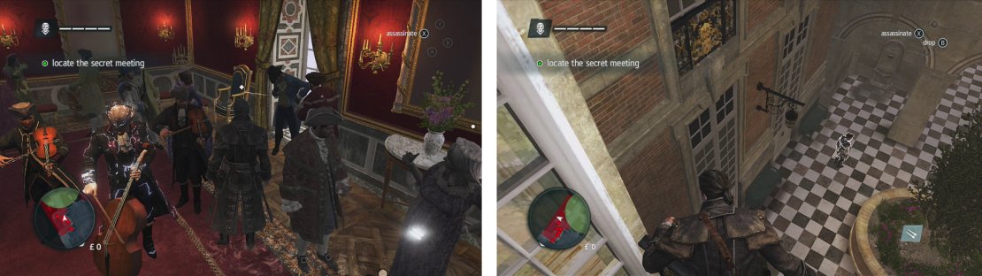 Use the crowds to avoid the guards as you work through the building (left). Air assassinate the guard below (right).