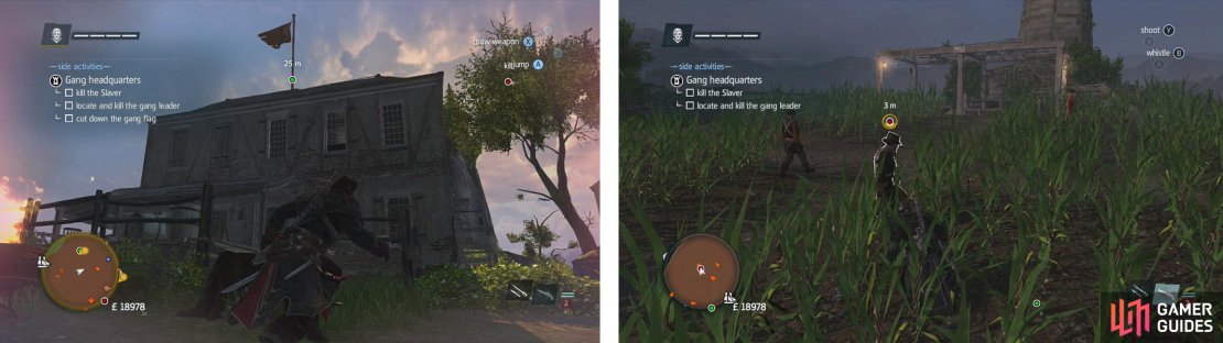 Cut down the flag (left). You&rsquo;ll find the slaver patrolling about the cane fields in the south (right).