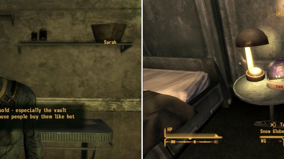 Talk to Sarah and she’ll ask you to bring her back Vault Suits; top selling items for Vault 21 (left). In the underground hotel itself you can find the Snow Globe - The Strip (right).