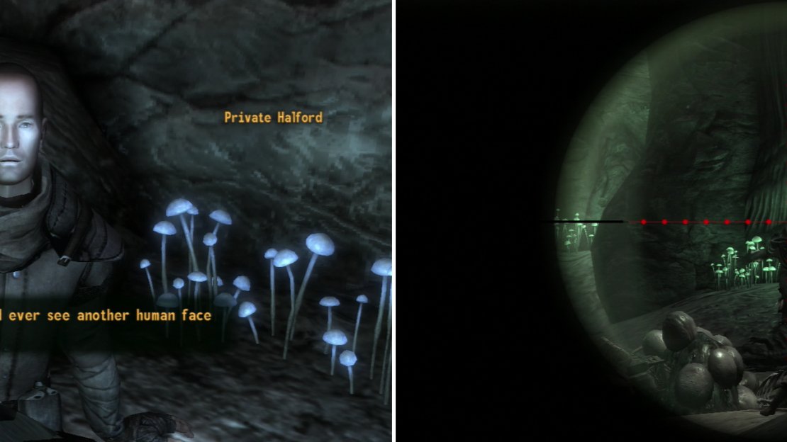 Private Halford is the lone NCR survivor from Camp Guardian (left). Kill the Lakelurks throughout the caves, including the Lakelurk King (right).