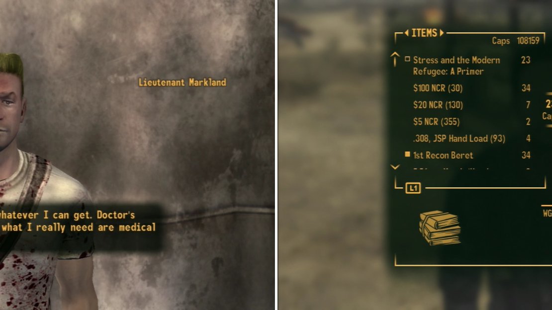 Lieutenant Markland is doing the best he can, but you’ll need to get him some supplies so he can properly help the refugees at Bitter Springs (left). Some of these, including relevant books, can be obatined by buying them from Blake at the Crimson Caravan Company compound (right).