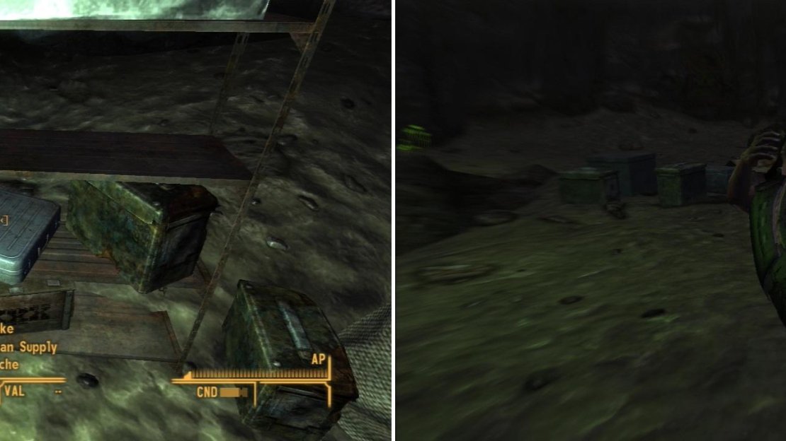 Search the caves around Bitter Springs to find Great Khan Supply Caches, which Bitter Springs desperately needs (left). In one of the caves you’ll find the Great Khan Oscar Velasco, who you should either immediately snipe before he detects you (to avoid Great Khans Infamy) or engage in diplomacy, if your Great Khans Fame is good (right).