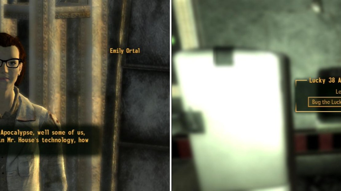 After meeting with Mr. House after the quest Ring-a-Ding-Ding, Emily Ortal will ask you to bug Mr. House’s mainframe (left). The terminal in the Casino level of the Lucky 38 is a fine target for this bug (right).
