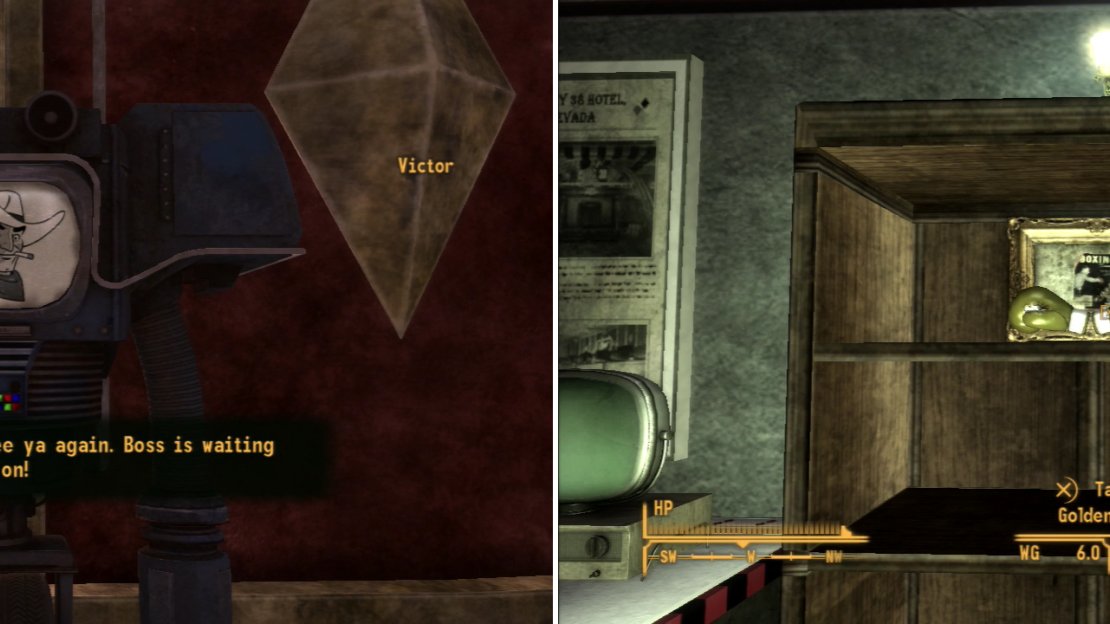 Approach the Lucky 38 and you’ll find that you have the unique privilege of being allowed inside (left). Inside, on the Casino level, you can find some Golden Gloves on a shelf (right).