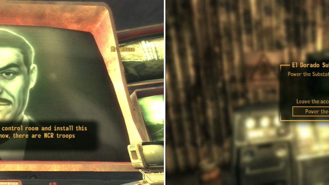 Return to Mr. House after rescuing the President and he’ll give you your next task (left). Sneak into the El Dorado Substation and use Mr. House’s Override Chip to jumpstart the Lucky 38’s reactor (right).