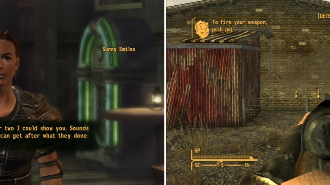 Talk to Sunny Smiles in the Prospector Saloon (left) and she’ll take you out back for a bit of target practice (right).