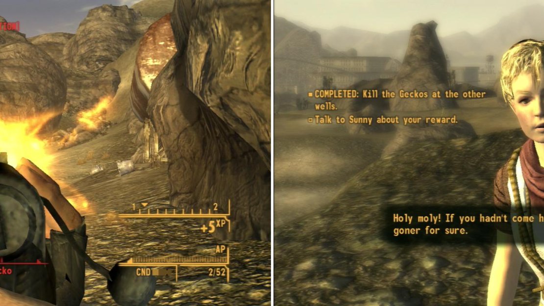 Accompany Sunny Smiles to the Goodsprings Source, where you’ll get to try your aim on more mobile targets (left). If you’re quick you can save a Goodsprings Settler in peril (right).