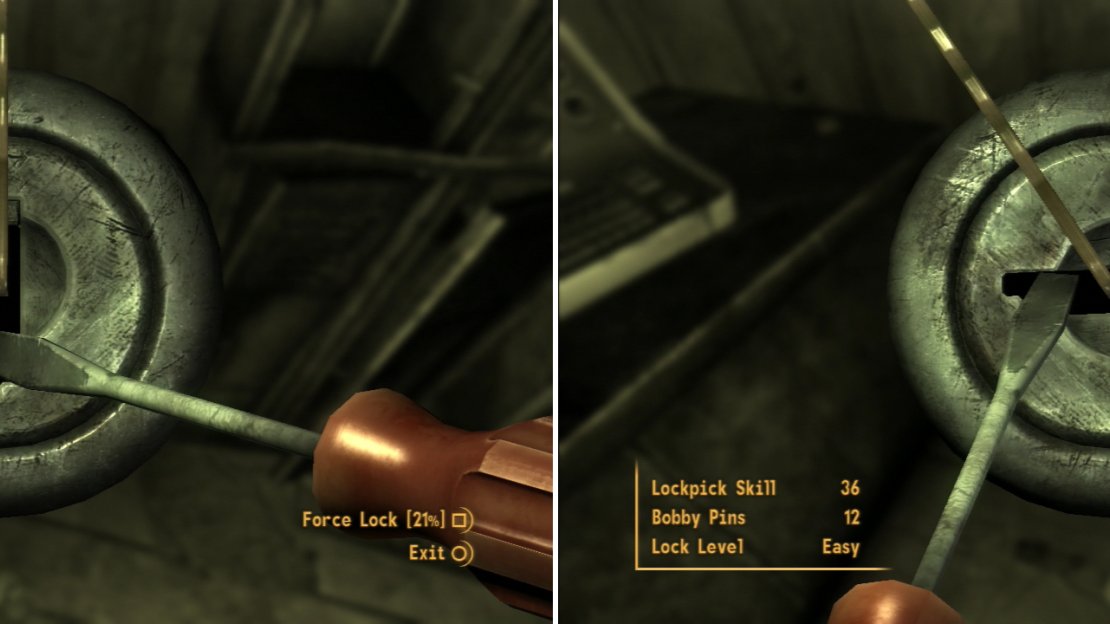 When picking locks, your goal is to find the sweet spot that allows you to rotate the lock without putting pressure on the Bobbypin (left). When the lock turns horizontal, it will open (right).
