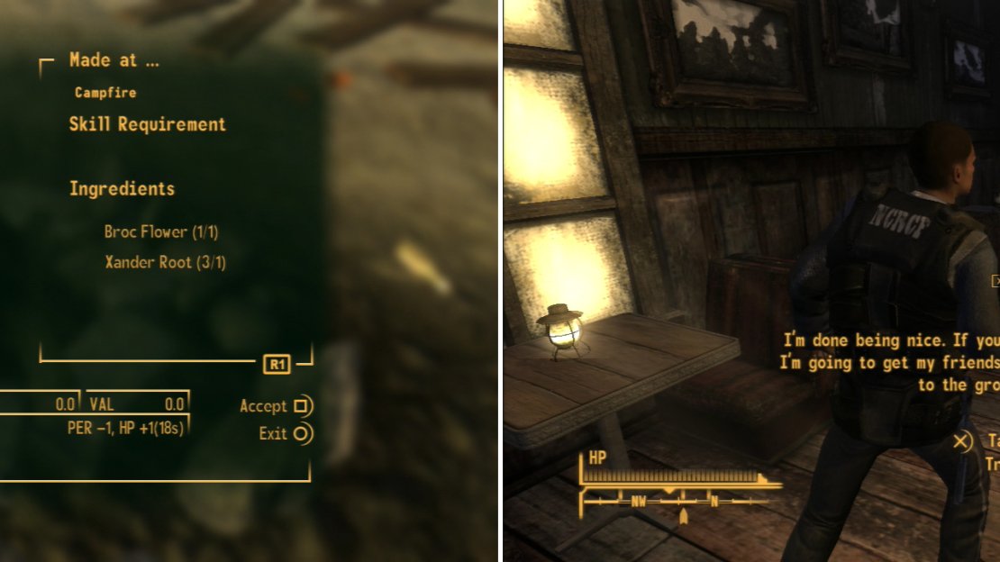 With the Broc Flower and Xander Root handy, craft some Healing Powder (left). After Sunny Smiles is done teaching you, go visit Trudy at the Prospector Saloon, only to find out that there’s more trouble brewing in Goodsprings (right).