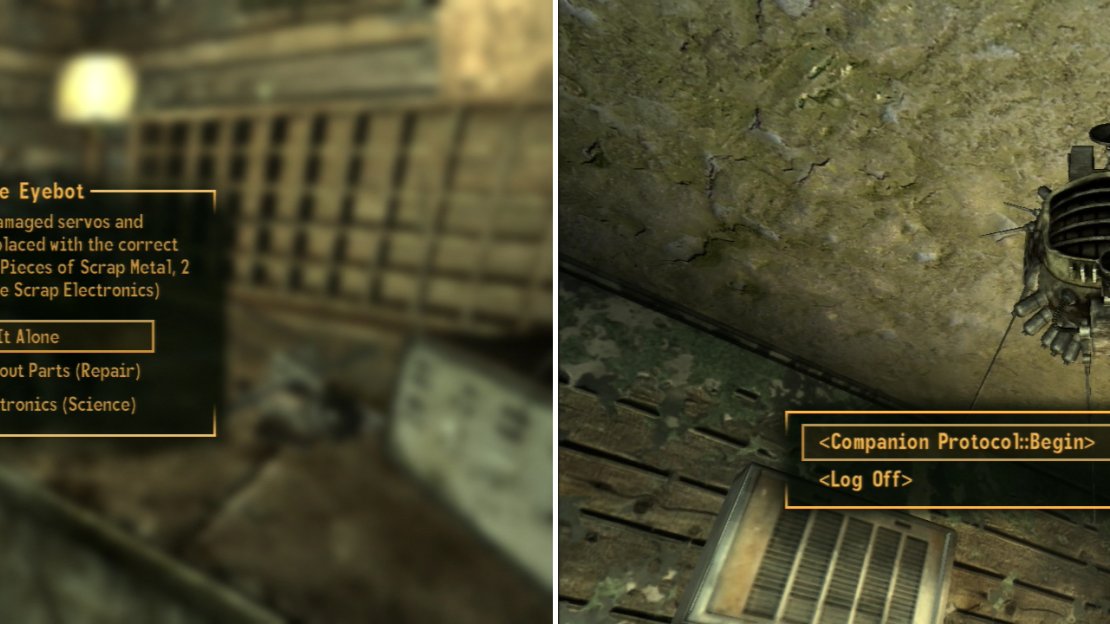 Repair the broken Eyebot in the Mojave Outpost (left) and you’ll be able to recruite your first companion; the loveable ED-E (right).