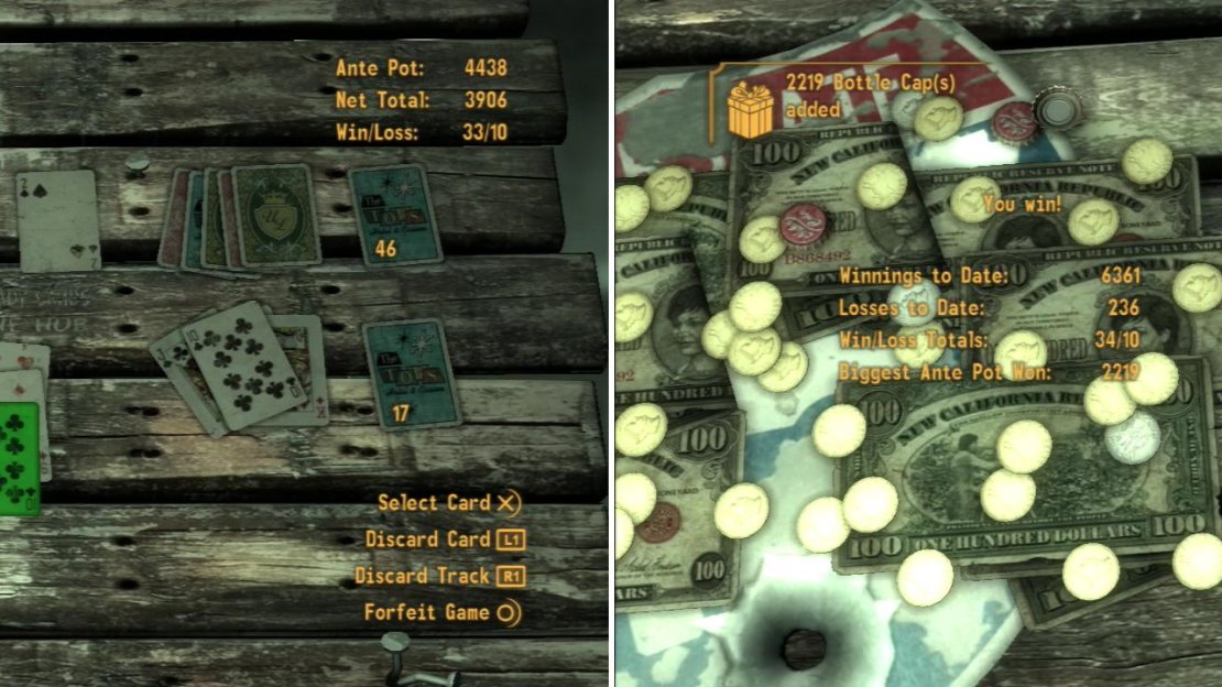 Win a game of Caravan against Lacey in the Mojave Outpost Barracks (left) to obtain an absurd amount of Caps (right).