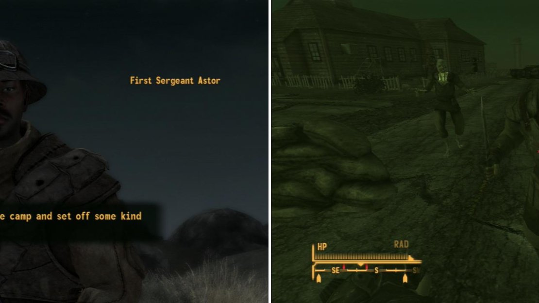 Find Sergeant Astor to learn what happened at Searchlight (left), which is now infested with the ghoulified NCR Troopers (right).