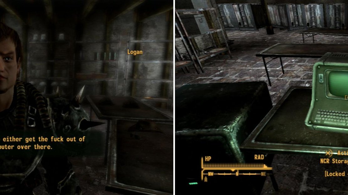 Logan will… not so politely ask for your help with his mission (left). Hack the nearby terminal to find out where the missing radiation suits have gone (right).