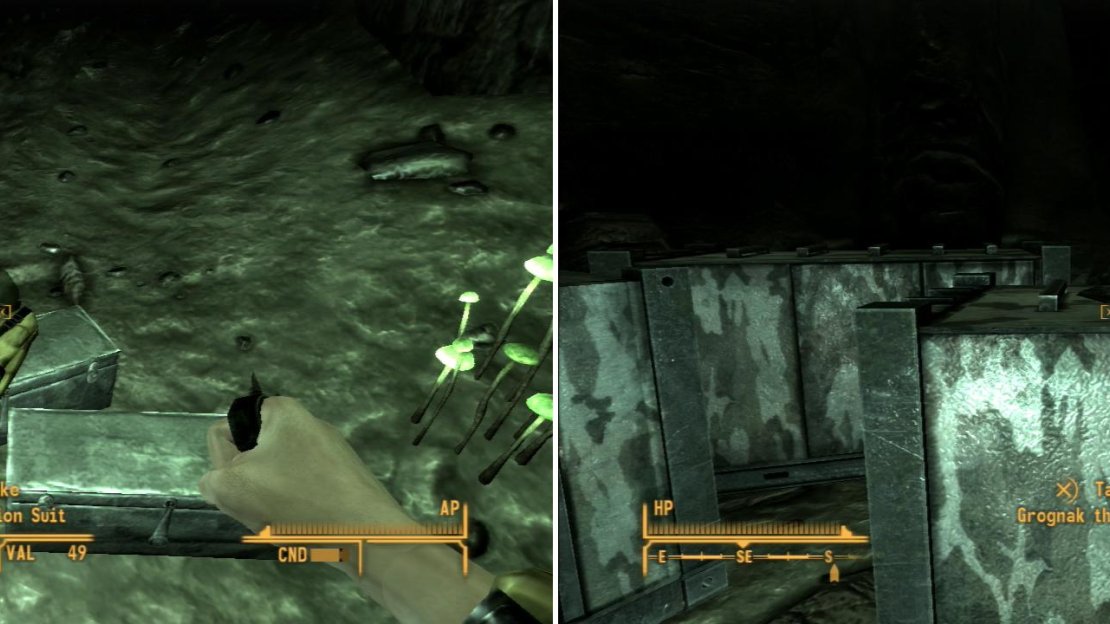 You’ll find the radition suits you need in the Hidden Supply Cave (left) as well as a copy of Grognak the Barbarian on a crate (right).