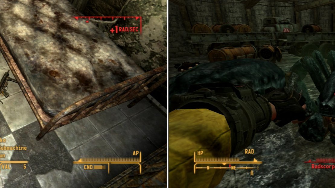 Pick up salvagable NCR equipment (left) but be wary; the radiation is attractive to some creatures, like this massive Radscorpion Queen (right).