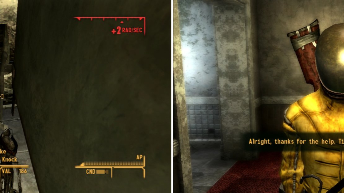 In the firehouse, you can obtain the unique weapon Knock-Knock (left). After you collect all the NCR salvage, Logan will turn on you (right).