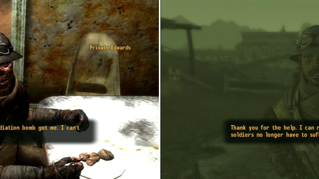 Poor Private Edwards survived the radiation bomb with his life and his sanity, but he’ll never be human again (left). After you’ve recovered the NCR Dogtags, return to Sergeant Astor for a reward (right).