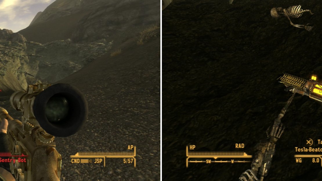 Tread carefully around the Crashed Vertibird, as powerful robots protect it (left). If you can fight your way through them, however, you’ll obtain the Tesla-Beaton Prototype (right).