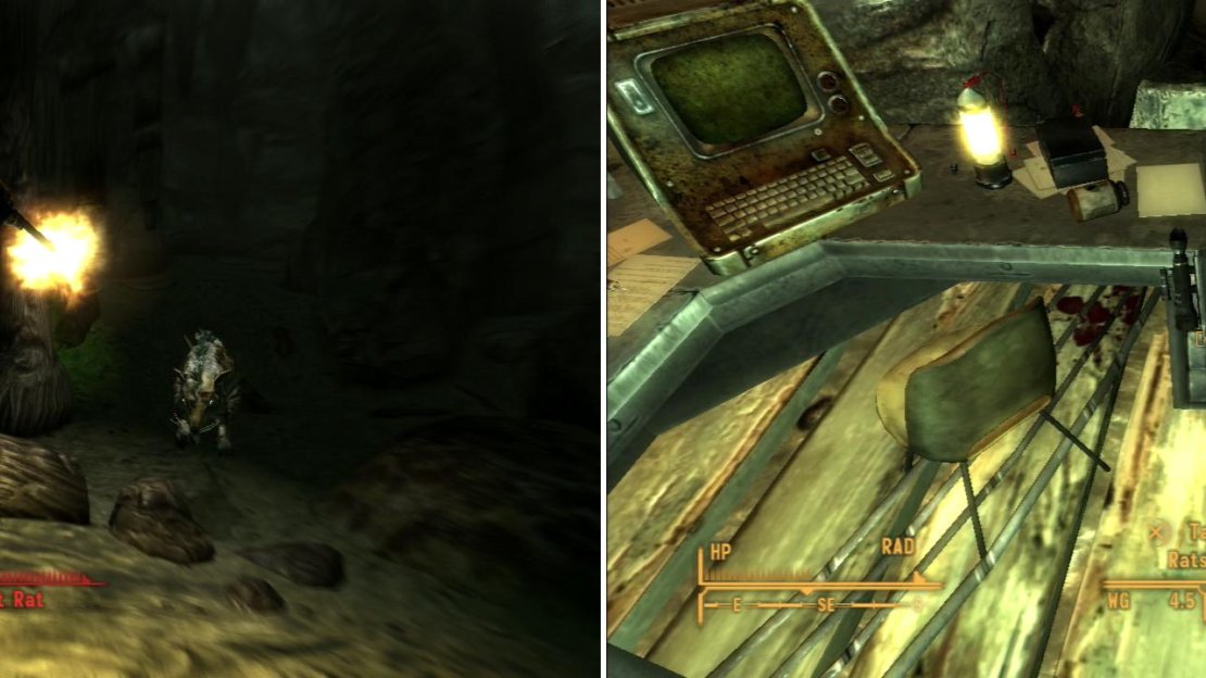 The Giant Rats in the Broc Flower Cave are stronger than usual (left), but you can get the unique Varmint Rifle, Ratslayer, inside (right).