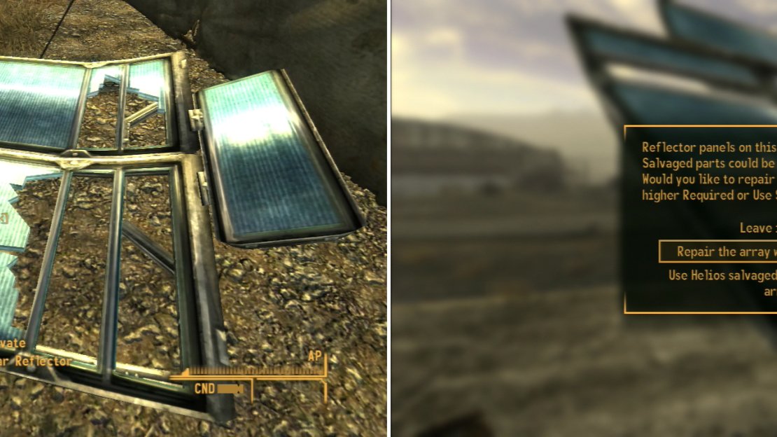 To repair the broken solar arrays in Nellis AFB, either salvage some parts from HELIOS One (left) or just put your Repair skill score to good use and go without parts (right).