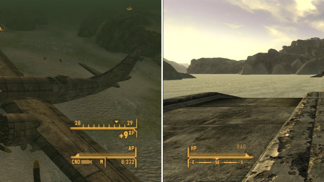 Find the sunken bomber at the bottom of the Lake Mead (left) and bring it back to the surface with Deployable Ballasts (right).