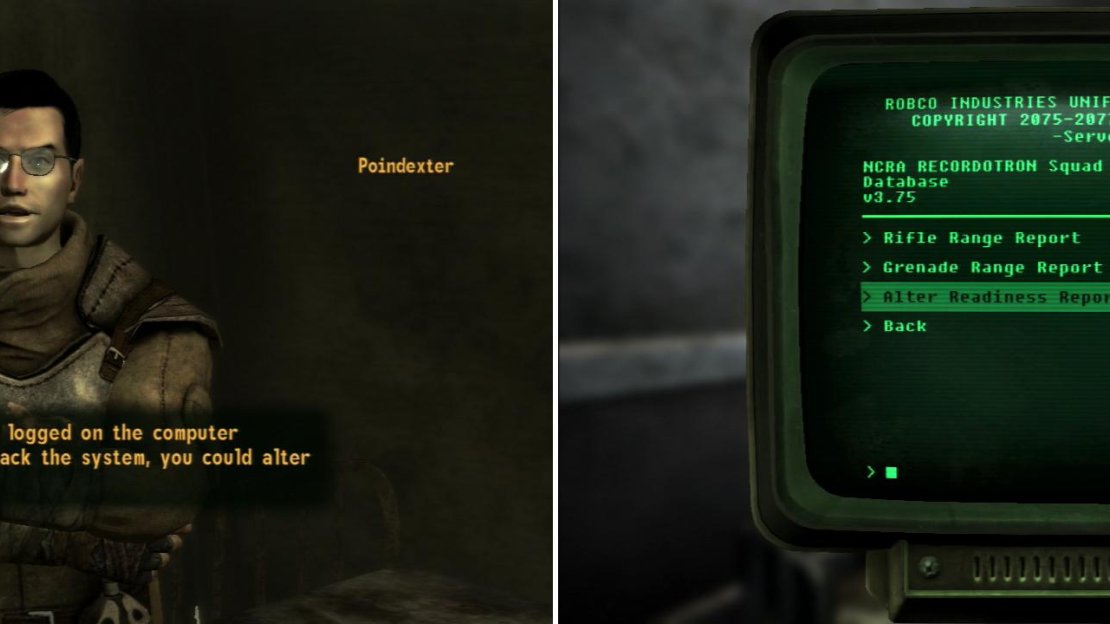 Poindexter has an under-handed way of improving squad performance (left); simply hack the terminal and raise their grades (right).