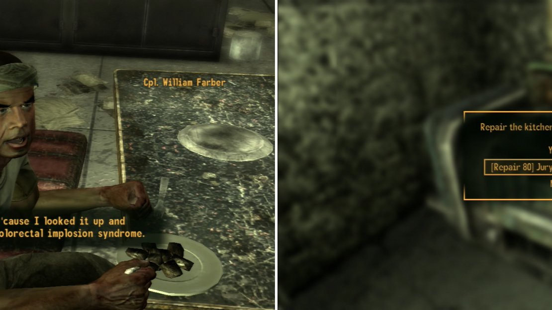 The fact that Farber had to bribe a “health inspector” should say much about the quality of food at McCarran (left). You can make the soldier’s meals less unbearable by completing some tasks for Farber (right).