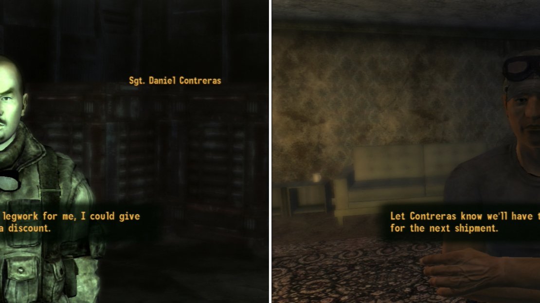 Contreras’ side jobs aren’t exactly legal, but he’s willing to cut you in on some action if you’re willing to do some leg-work (left). You can collect a junkyard’s worth of scrap for Isaac… or just pass a Speech or Barter check (right).