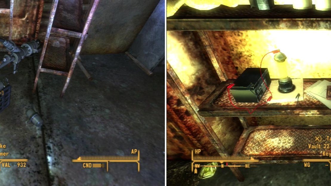 The Flamer you can find may come in handy later… (left). The Vault 22 Cave Door Keycard will open to the door to the caves (right).