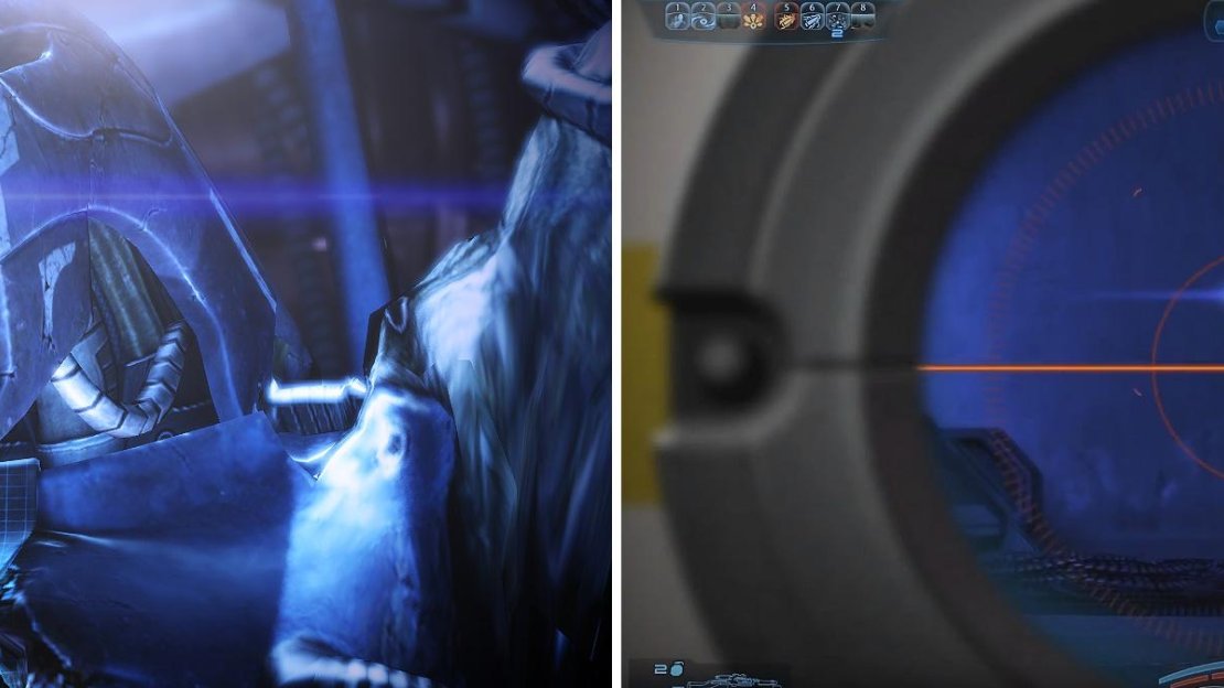 Follow the Geth VI through the rooms (left) but watch out for Primes and their turrets (right).
