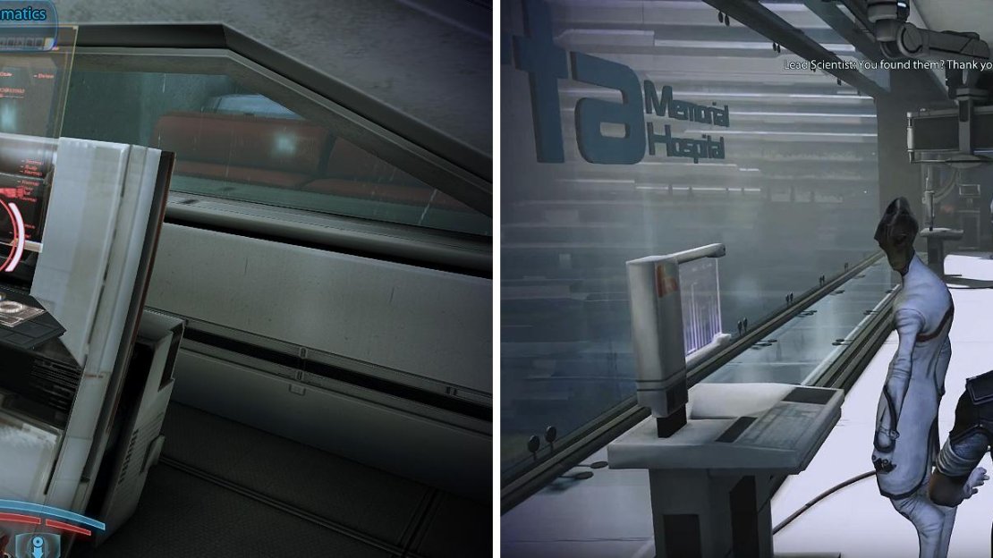 Collect the amp interface (left) and give it to the Asari in the hospital. While there you can finish another mission (right) by speaking to the scientist if you collected the Advanced Biotic Implants.