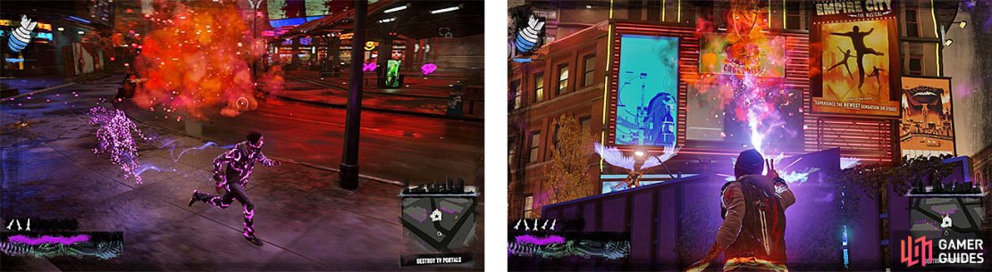 Watch out for the demon&rsquo;s divebomb attack, as they&rsquo;ll explode (left) and keep shooting the large screens to seal both the angels and demons from appearing (right).