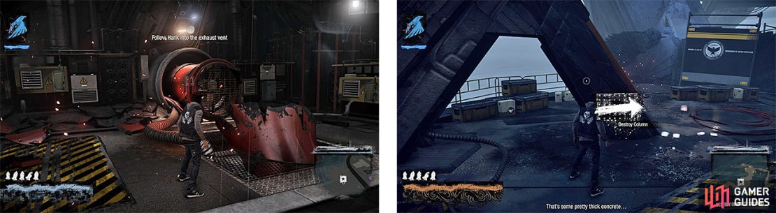 There&rsquo;s a vent to the left of the large pipe, where you can drain some smoke (left). Swipe your finger along the Touch Pad to destroy the marked pillars (right).