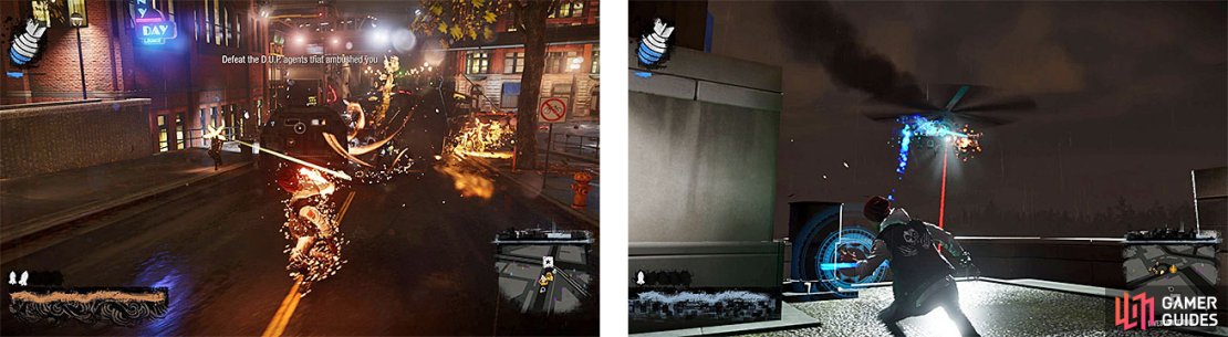 In tracking down Hank, you&rsquo;ll run into some DUP resistance along the way, including a helicopter (right).