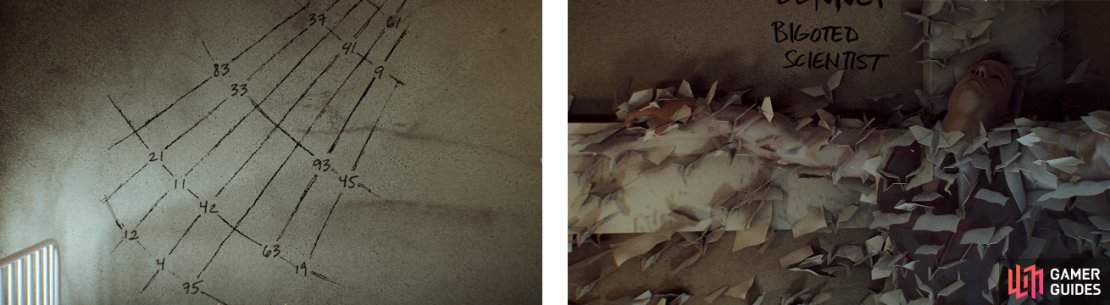 Inside Celia’s place, you can find some webs with numbers drawn on the walls (left), as well as some other things, like a dead body (right).