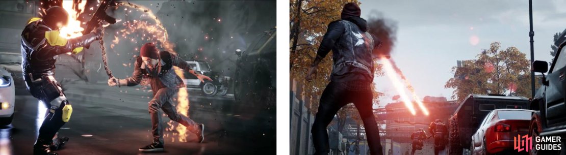 Delsin&rsquo;s melee attack while using Smoke (left), and the regular Smoke Shot (right).