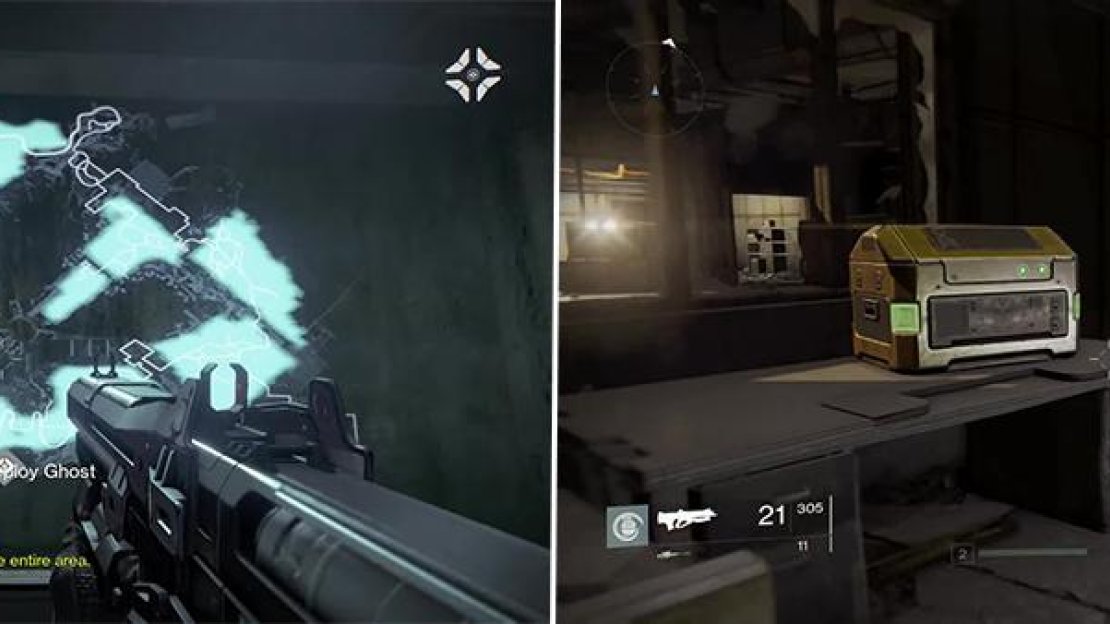 Scanning the map of the area (left) allows you to look at other areas to investigate on the mission select screen. Gold Loot Chests (right) are few and far between but offer strong equipment.