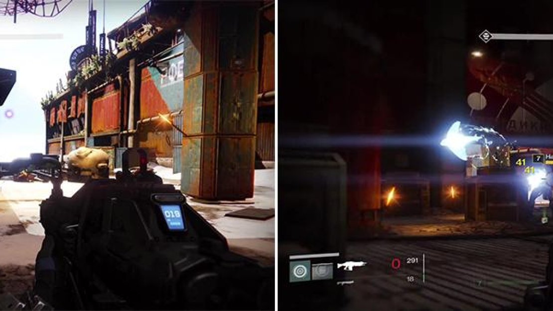Jump Ships approach ahead (left) and drop off a ton of enemies. Hallowed Knights (right) shoot blue balls of death which you want to dodge. Headshots are, as ever, effective.