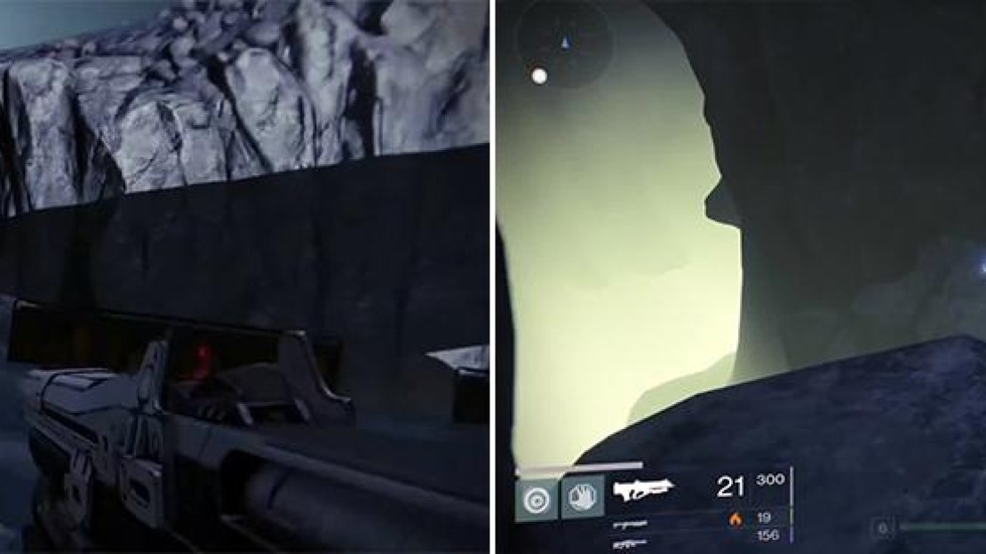 Head to the barriers and peer into the chasm to see the Ghost perched on a ledge below. Double jump over to it.