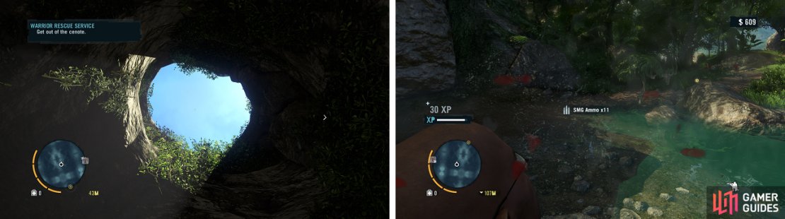 Vaas tosses you into the cenote with no weapons at all, but there&rsquo;s a guy with his back turned right outside, so kill him to get something to defend yourself with.